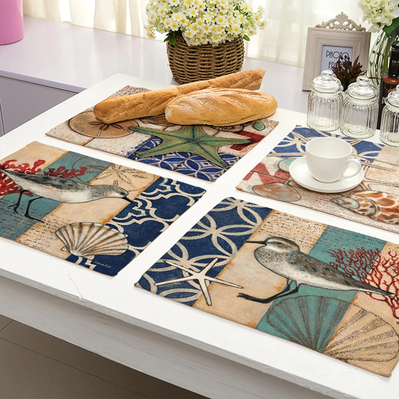 Sea Animal Cotton Linen Octopus Turtle Conch Print Table Pads Dishware Placemats For Dinner Kitchen Accessories Coaster Wine Mat