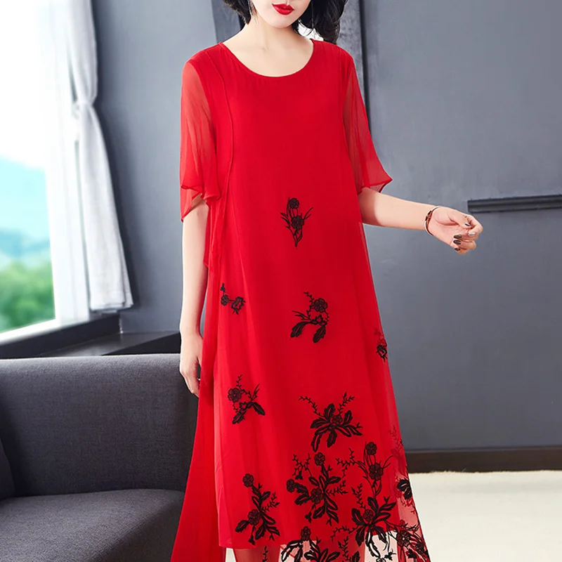 

Summer Red Slik Dress Embroidered A-line Bohemian Dress Loose Medium Length Half Sleeves Dress