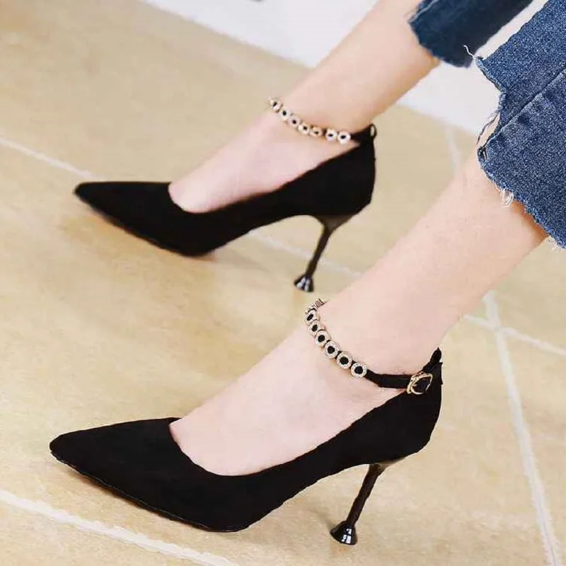 

High-heeled women's fine with rhinestone word buckle with 2019 spring and summer new pointed shallow mouth single shoes