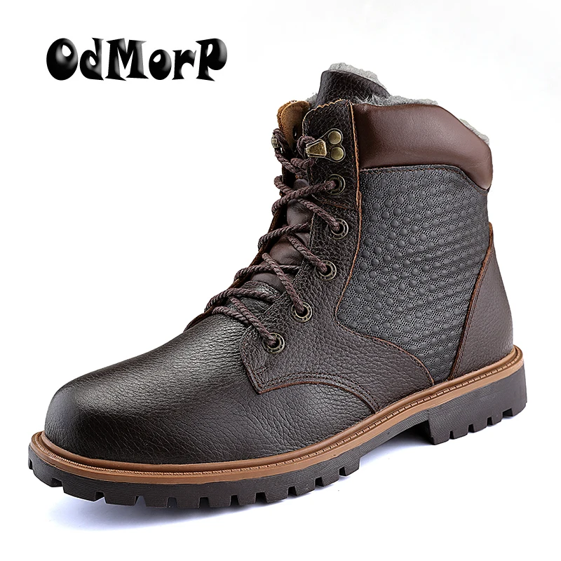 

ODMORP Boots Men Winter Shoes Warm Fur Boots Genuine Leather Men Shoes Plus Size 48 botas hombre Quality Nonslip Rubber Sole
