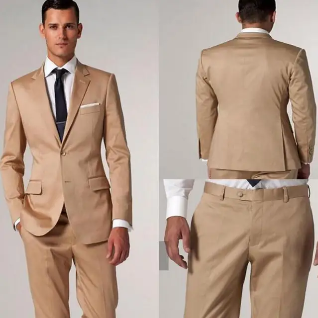 New Champagne Tux Modern Golden Satin Notch Lapel Groom Tuxedos New Champagne Tux Modern Golden Satin Notch Lapel Groom Tuxedos Men Formal Evening Wedding Suits