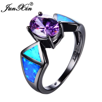 

JUNXIN New Fashion Blue Fire Opal Ring Vintage Purple Ring Black Gold Filled Jewelry Wedding Rings For Men And Women