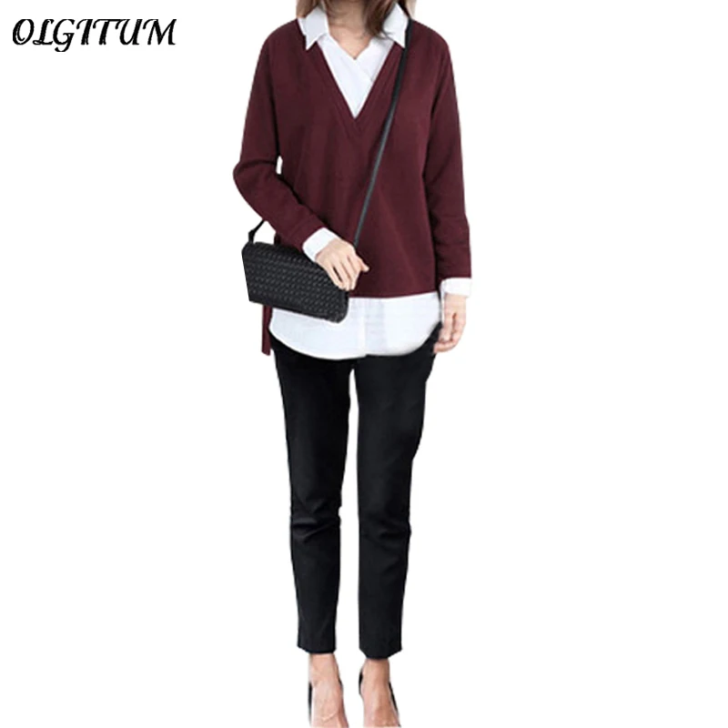 2018 New Women tops Fake two-piece shirt turn-down collar sweater slim fashion clothing women sweater plus size 5XL