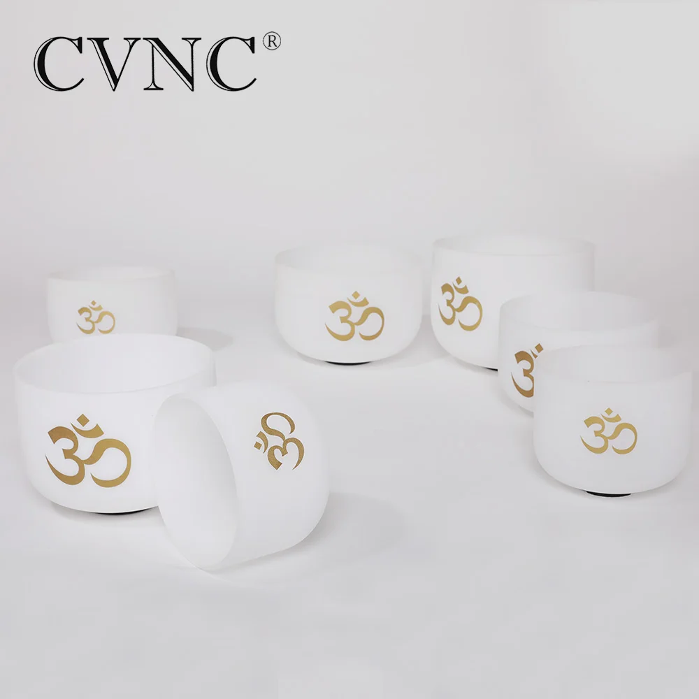 

CVNC Free Shipping Cost 6-12 Inch 7 Chakra OM design Quartz Crystal Singing Bowl CDEFGAB Set