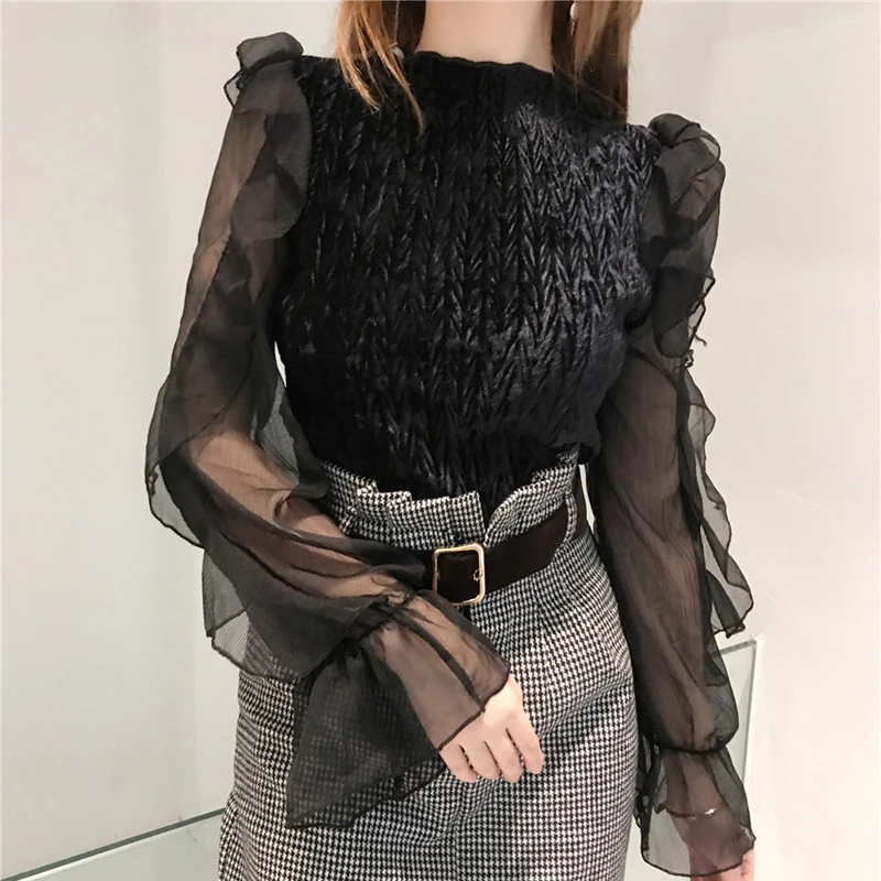 

Sexy Patchwork Velvet Ruffles Women Blouse Shirt Long Sleeve Spliced O-neck Fashion Cool Blusa femme tops 2018