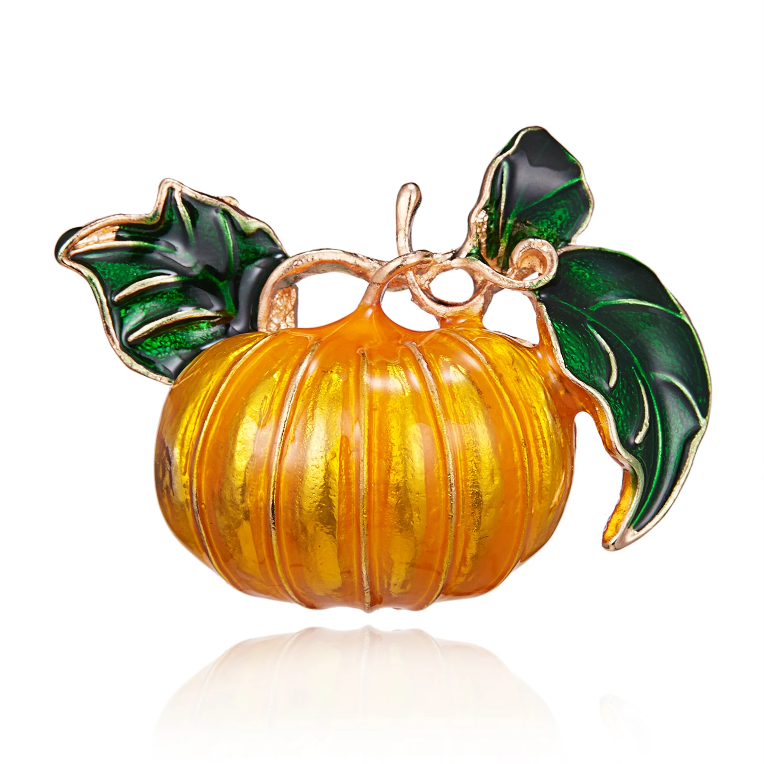 Halloween Pumpkin Brooch New Alloy Green Leaves Orange Enamel Pumpkin