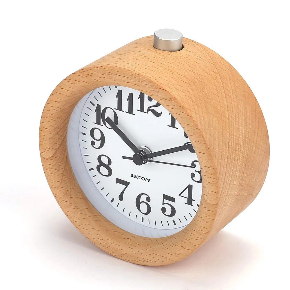 Lovely Hot Small Alarm Clock with Night Light Wood Classic Round Silence Table Clocks Snooze Function LXY9 AU07
