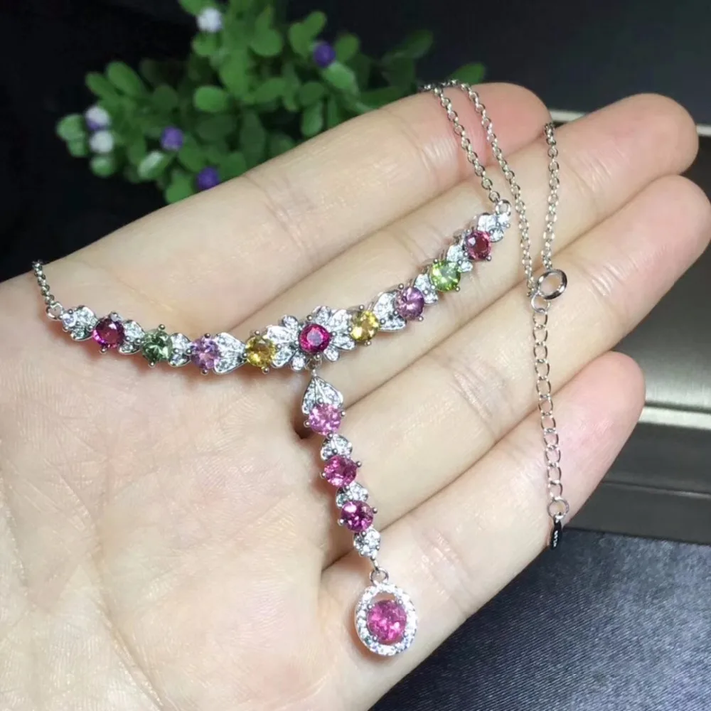 Hongkong designer latest design natural tourmaline necklace, multi color, 925 silver high-end color treasure Hongkong designer latest design natural tourmaline necklace, multi color, 925 silver high-end color treasure