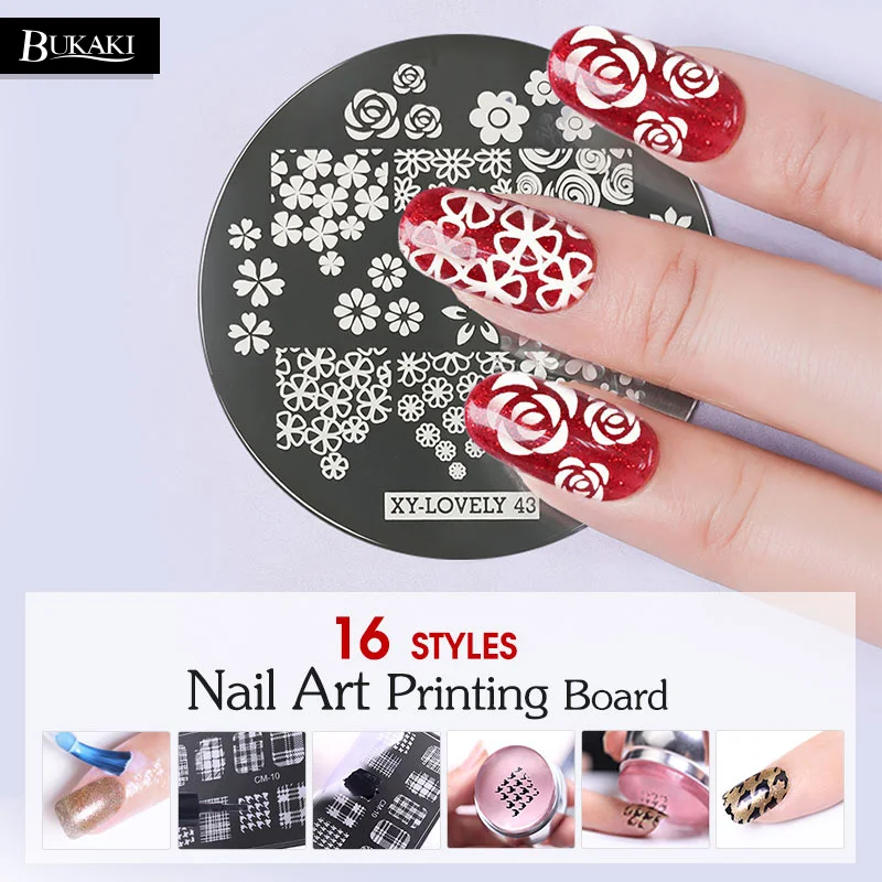 

BUKAKI 16 Styles 1Pcs Round Nail Art Beauty Pattern Steel Stamping Template Manicure Stencil Tools Flower Nail Tools