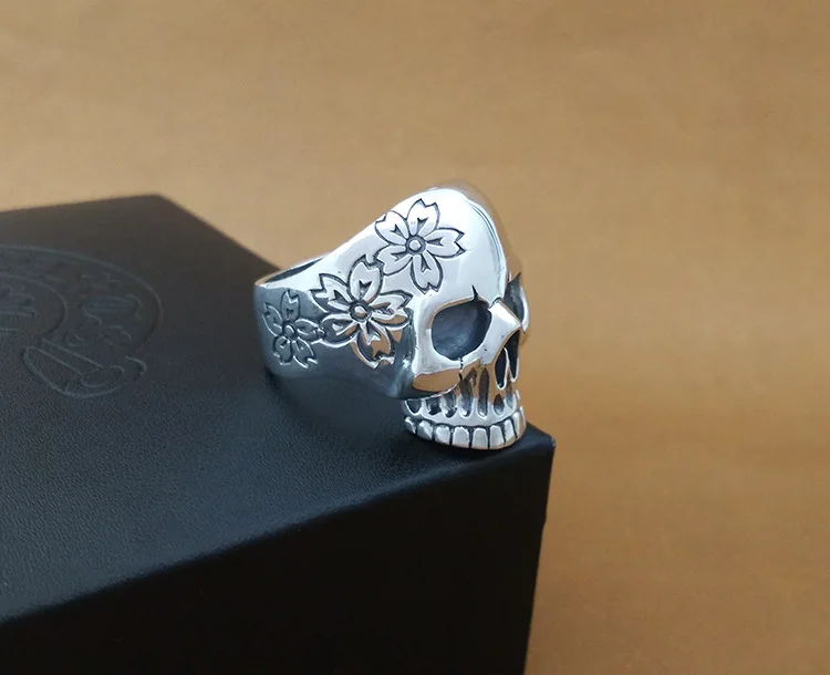 925 Серебряный цветок череп кольцо настоящий череп из стерлингового серебра кольцо в стиле панк; бижутерия мужское кольцо