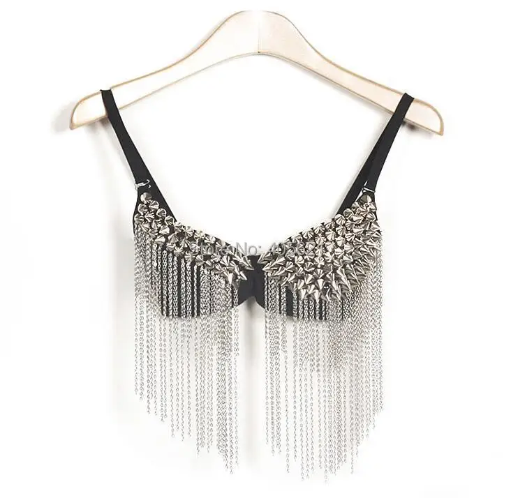 

Punk Tassel Rivet Bra Underwear Tops DJ Sexy Pole Belly Dancing Sequins Party Dancer DS Costumes Hip-Hop Nightclubs Stage Wear