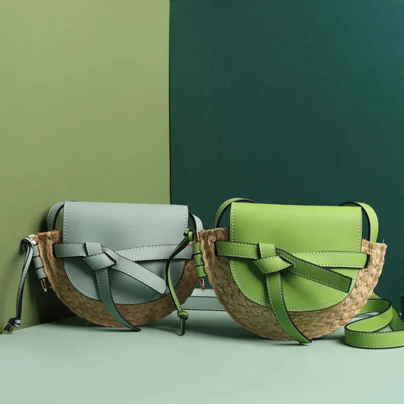 

Patchwork Genuine Leather Hand-woven Straw Bag Women Saddle Bags Designer Crossbody Bag for Women Beach Handbags Clutch Purse