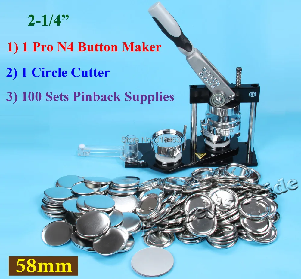 Free CP some Pro N4 2-1/4":58mm Badge Button Maker Machine +Adjustable Circle Cutter+100Sets Metal Pinback Supplies