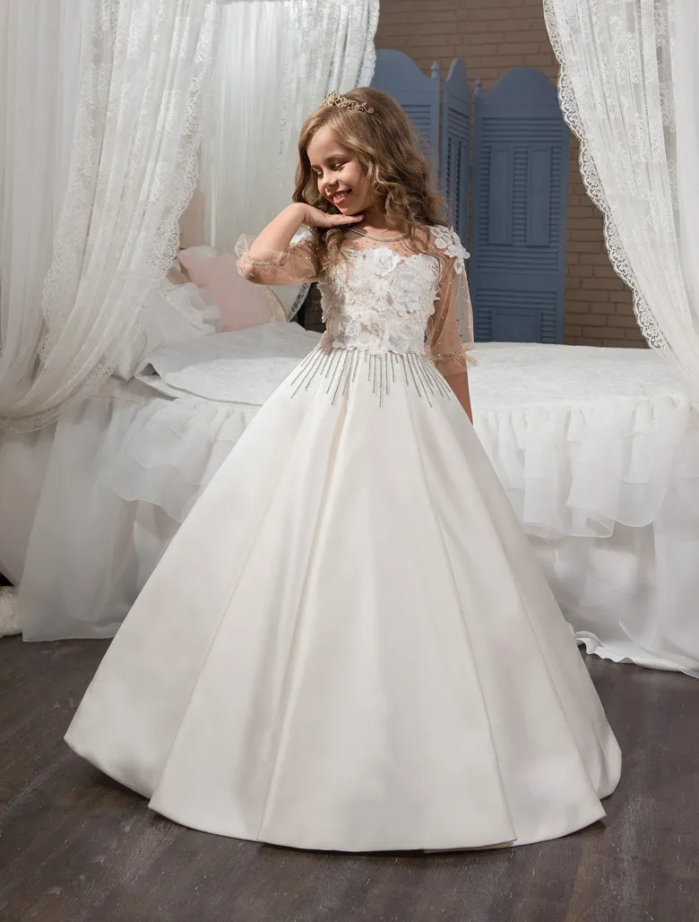 Sweet White Flowers for little Girls First Communion Gown Beads Lace Pageant Flower Girl Dress 