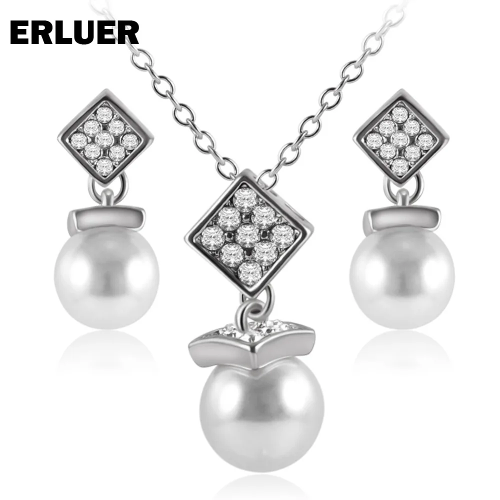 

ERLUER Jewelry Sets Women Rose Gold color fashion wedding crystal Simulated-pearl Charm necklace earrings set Brand Jewellery