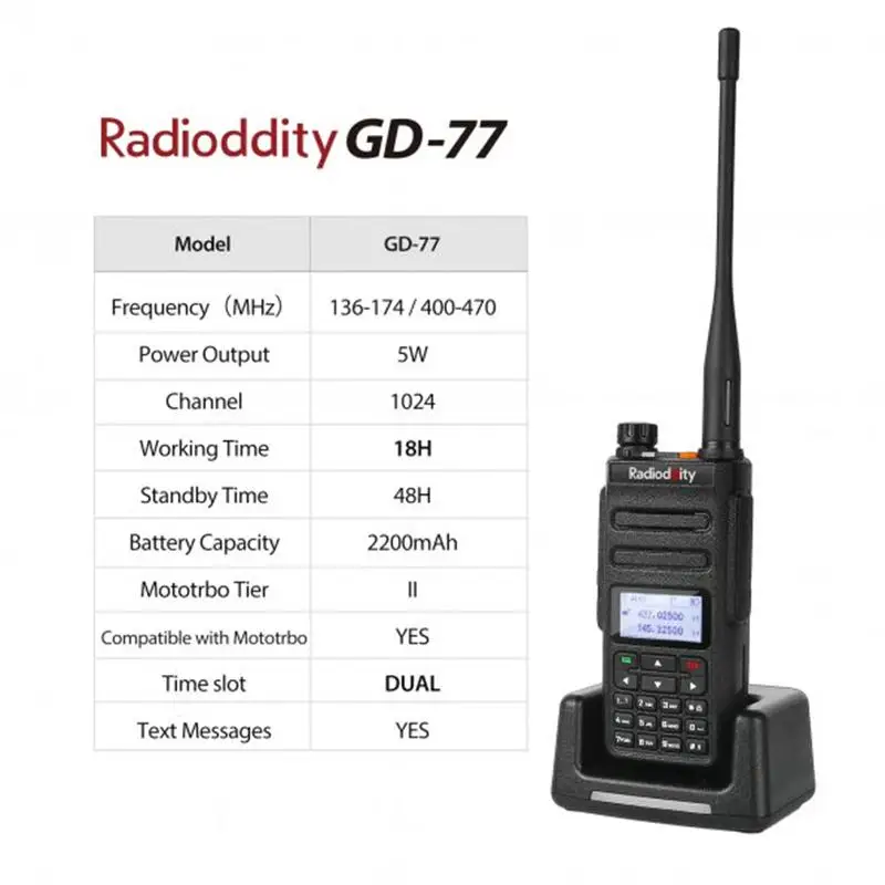 Radioddity GD 77 Dual Band Time слот DMR цифровой/аналоговый двухстороннее радио 136 174/400 470 мГц 1024