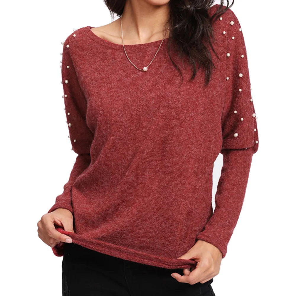 

Kenancy Elegant Pearl Sweater Casual Loose Women O-Neck Long Sleeve Knitted Pullovers Autumn Female Jumper Streetwear Pull Femme