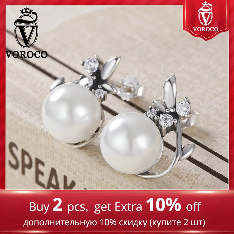 VOROCO Vintage Genuine 925 Sterling Silver Round Shape Pearl Stud Earrings for Women Wedding Engagement Fine Jewelry Gift VSE018