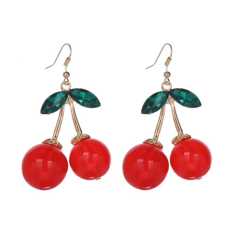 

2016 New Fashion Gold Color Charm Green Crystal Leaves Double Big Red Cherry Earrings For Women Girl Party Jewelry Brincos