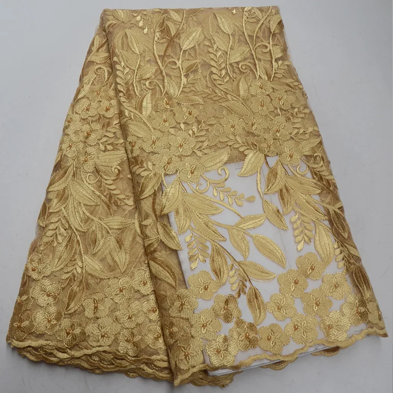 

(5yards/pc) Gold color African tulle lace fabric wonderful embroidered French net lace fabric with beads for party dress FLP942