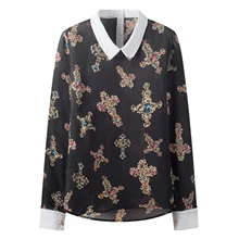2017 NEW Women Fashion Chiffon Blouse Print Peter Pan Collar Shirt Long-sleeve Tops 7#