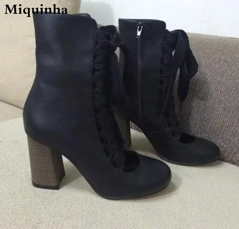 Real Photos Women Fashion Round Toe Lace-up Thick Heel Black Blue Ankle Boots Ankle Strap High Heel Cut-out Boots