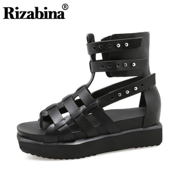 

RIZABINA Women Gladiator Real Genuine Leather Wedges Sandals Rivet Summer Vacation Beach Shoes Women Chic Footwear Size 35-40