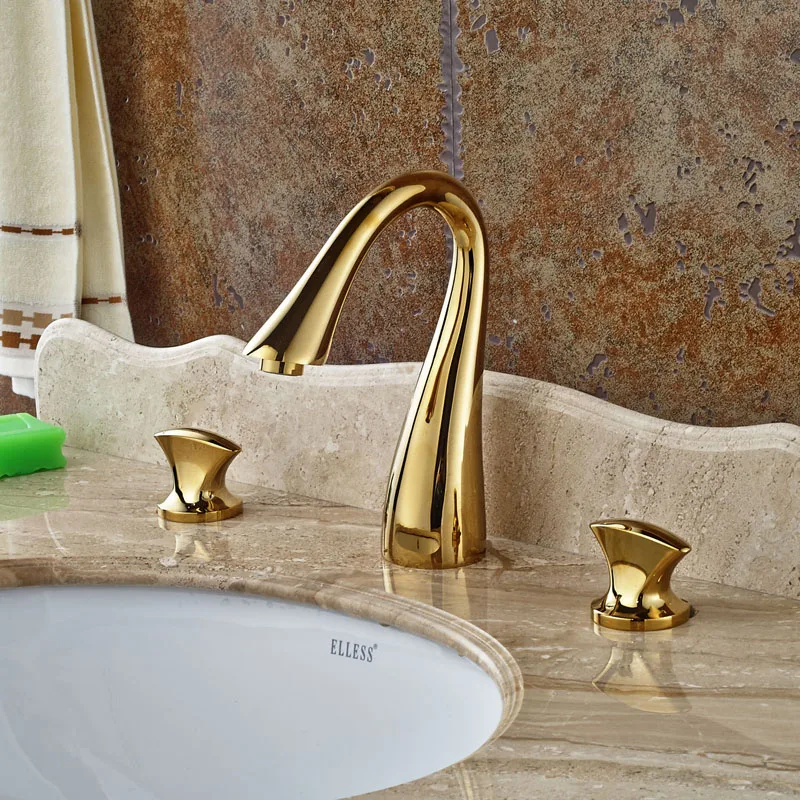 

Deck Mount Swan Neck Spout Bathroom Basin Faucet 3 Holes Mixer Tap Gold Polished