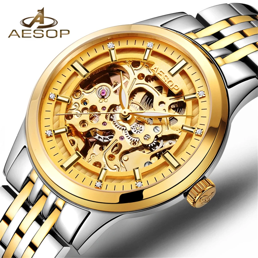 

Automatic Mechanical Watch Men Hot Skeleton Watches Gold Bracelet Wristwatch Luxury Brand AESOP Men's Watch Auto Self-winding