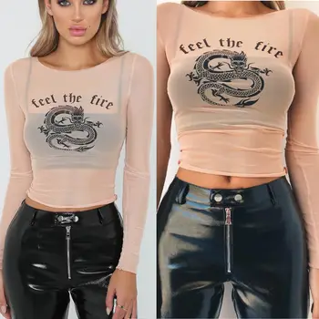 

US Women Long Sleeve See Through Blouse Round Neck Silk Tops Shirt Beautiful perspective sexy clothes