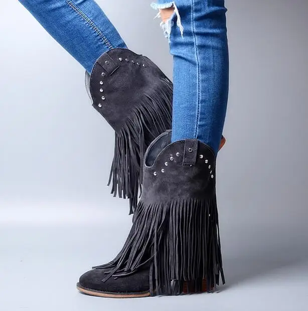Super Leather Round Toe Flat Fringe Ankle Boots Chunky High-Heeled Boots Rivet Riding Boots Women Free Ship