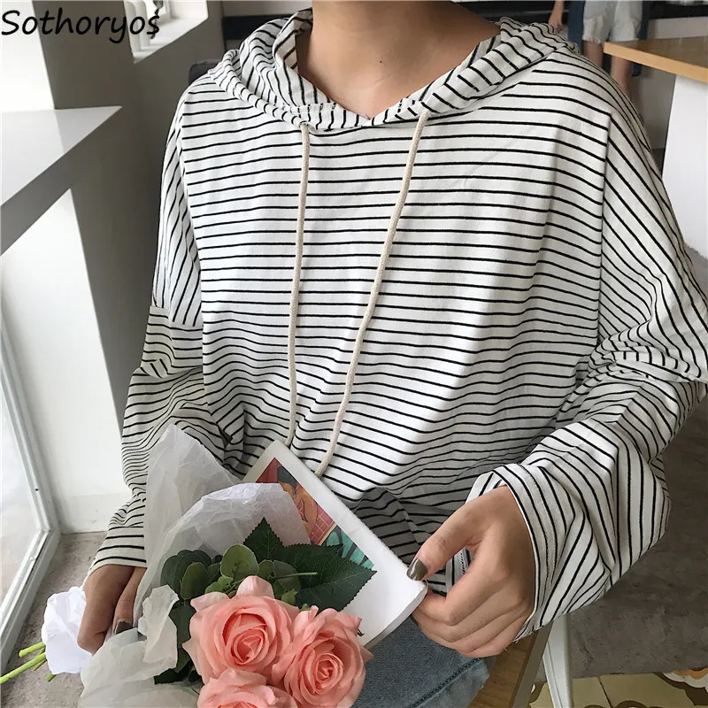 

T-shirts Women Hooded Striped Long Sleeve Shirts Korean Loose T Shirt Womens Simple Casual Student Clothing Leisure All-match