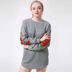 Осень 2017 г. Для женщин Модный цветочный Вышивка Sweatershirts одежда хлопковые свободные длинные цветочные женские Sweatershirt карманов Толстовки