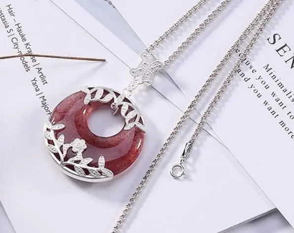 

Sterling S925 925 silver Pendant leaf natural stone round necklace 32*51MM