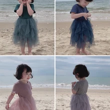Хлопковое платье принцессы с короткими рукавами для девочек Летняя Детская Праздничная пачка кружевное платье однотонное пляжное платье трапециевидной формы для маленьких детей