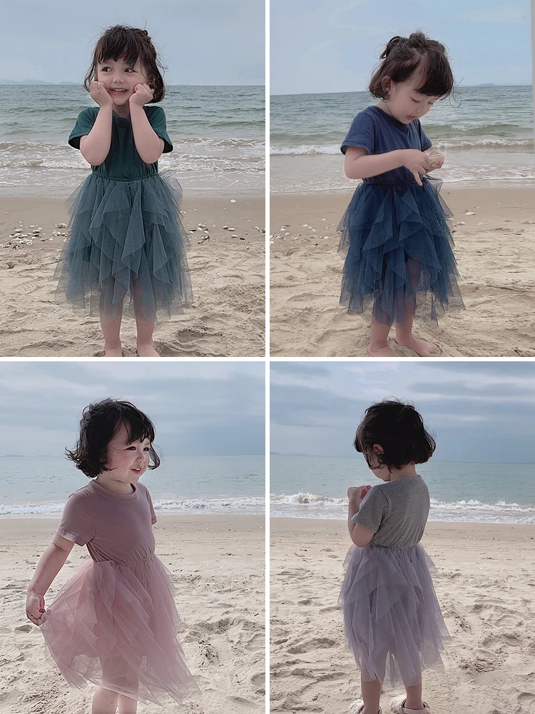 

Girls Short Sleeve Cotton Princess Dress Summer Children Holiday Tutu Lace Dress Little Kids Beach Ruch A-line Solid Color Dress