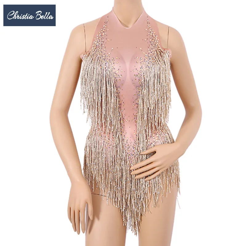 Christia Bella Bling Стразы с кисточками Боди женские сценические костюмы Сексуальная