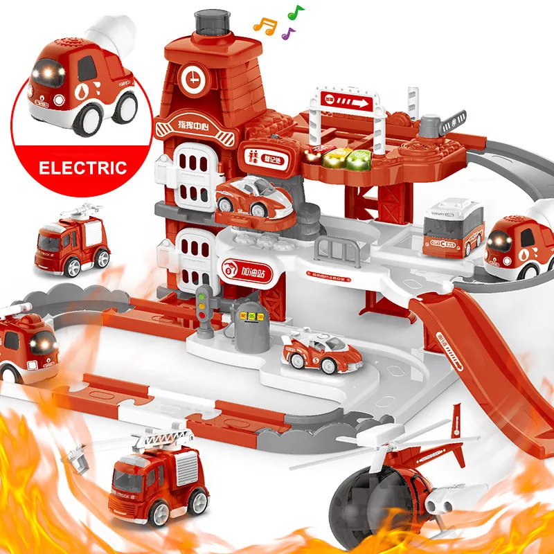 

Q Version Cartoon Alloy Electric Car Parking Lot Mininatures DIY Assemble Parking Lot Model Building Kids For Toys Gifts