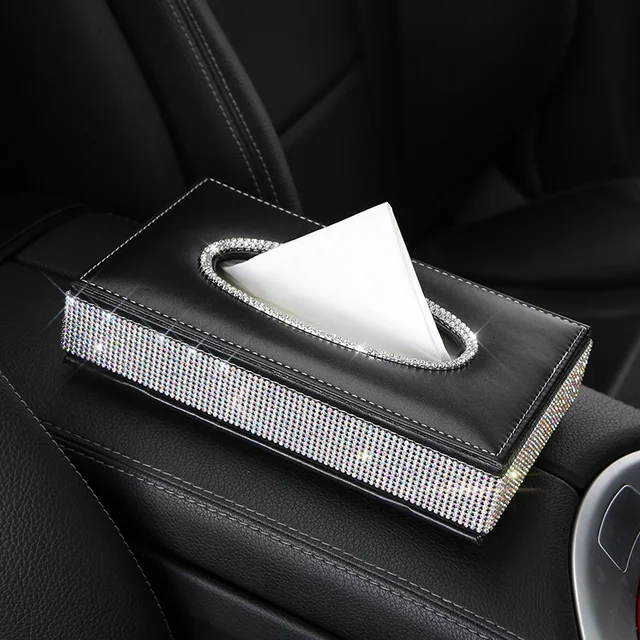 Crystal Diamond Leather Car Tissue Box Holder Rhinestone Auto Armrest