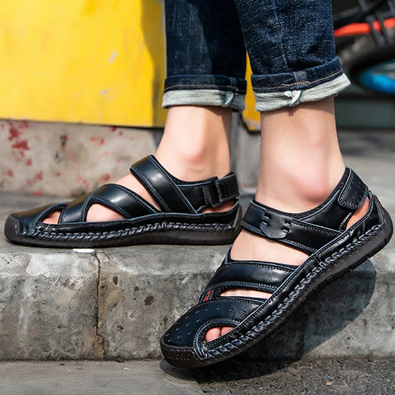 

Large Size 45-48 Leather Sandals Men Clogs Comfortable Beach Sandal Male Hook Loop Sewing Soft Hollow Walking Shoes For Men