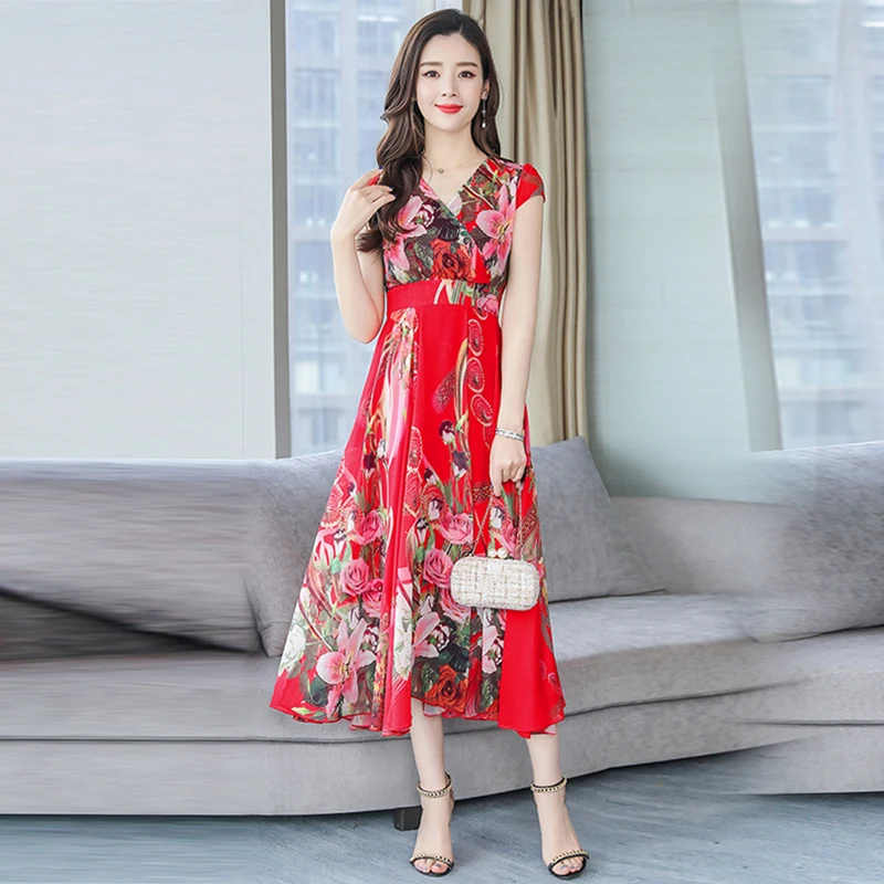 2019 Summer Retro Dresses women Robe Floral Print Short Sleeve Chiffon Dress Vintage Women feminino Vestidos long Dresses