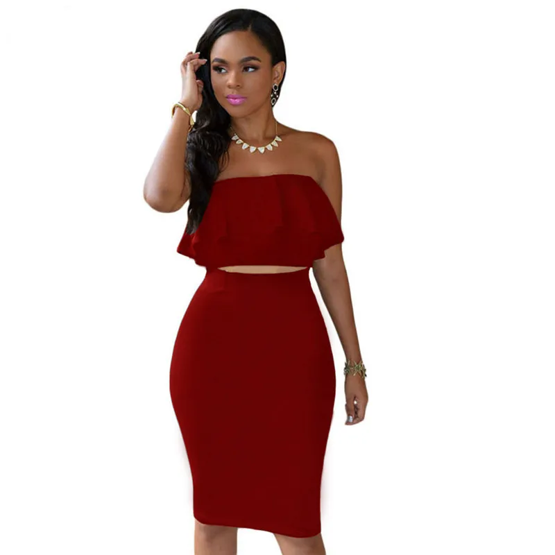 ADEWEL 2018 Women Off Shoulder Ruffles Two Piece Dress Sexy Bodycon Club Crop Top & Midi Dress Sets Party Dress Suit Vestidos (10)