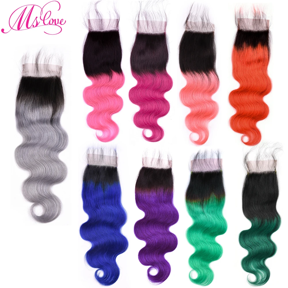 

Ms Love Ombre Grey Blue Red Pink Purple Orange Green Burgundy Body Wave Lace Closure 4x4 Human Hair Closure Remy Peruvian Hair
