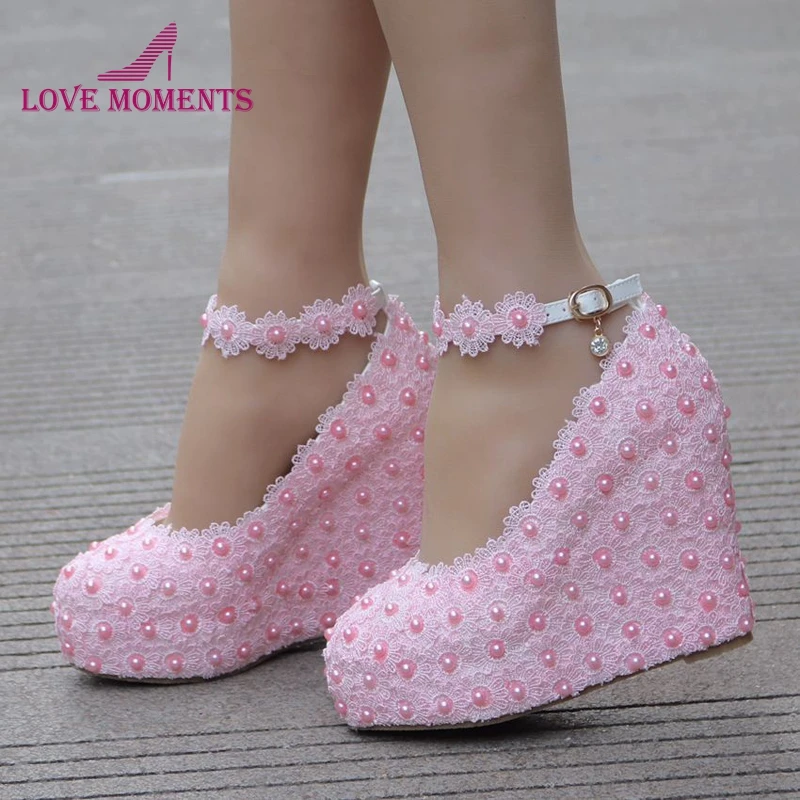 Pink Lace Wedding Bride Shoes Wedge Heel Single Lady Shoes with Ankle Straps Platform Women Pumps Party Prom High Heels Size 10 Pink Lace Wedding Bride Shoes Wedge Heel Single Lady Shoes with Ankle Straps Platform Women Pumps Party Prom High Heels Size 10