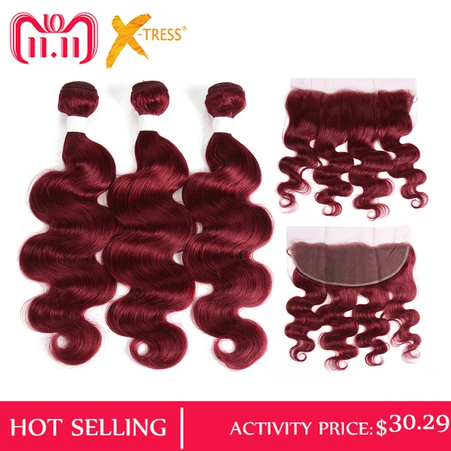 Cheap 99J/Burgundy Human Hair Weave Bundles 3PCS With Lace Frontal Closure X-TRESS Brazilian Body Wave Non-Remy Hair Weft Extensions Cheap 99J/Burgundy Human Hair Weave Bundles 3PCS With Lace Frontal Closure X-TRESS Brazilian Body Wave Non-Remy Hair Weft Extensions
