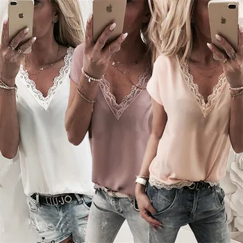 

Plus Size Women Blouse and Tops Summer Top Casual Loose Sleeveless Solid Lace V-neck Chiffon Blouses Female Shirts Vest Blusa