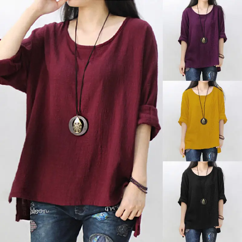 

Large size bamboo cotton bottoming shirt Pure linen women's round neck long sleeve T-shirt