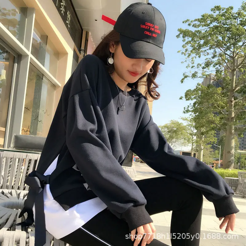 

Fake Two-piece Pullover Sweatshirt Spring Solid Color Casual Cotton Sweatshirt Long Sleeve Sudadera Mujer Korean Style TQ4655W