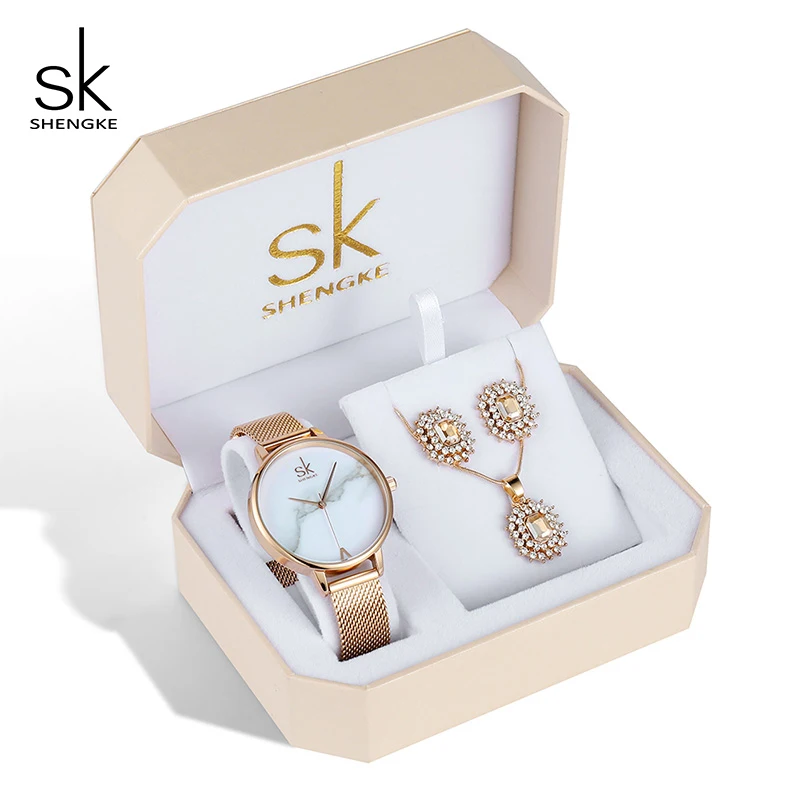 Beste Shengke Creatieve Quartz Horloge Rose Gold Vrouwen Sieraden Set 2018 Nieuwe SK Vrouwen Horloges Oorbellen Ketting Set Kerstcadeau