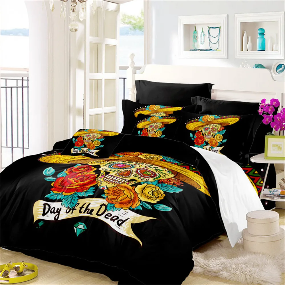 Golden Straw Hat Skull Bedding Set Flowers Print Duvet Cover Bed Sheet Pillowcase Day of the
